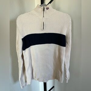 Y2K Ralph Lauren Cream and Navy Blue Turtleneck Sweater with Ribbed Knit Texture